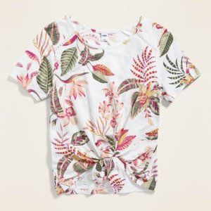 NWT OLD NAVY | Cropped Slub Knit Tie Hem Tropical Hawaiian Floral Top White